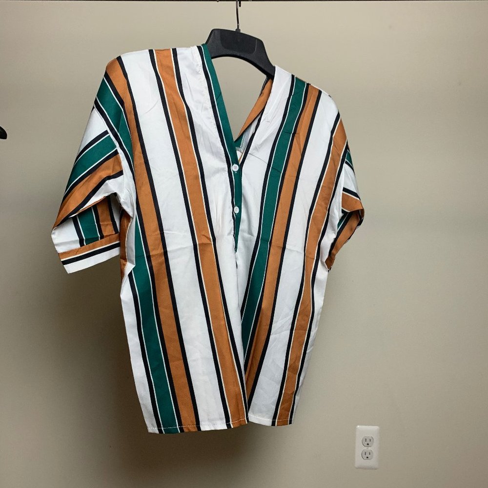 brown,green,& white stripped blouse